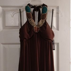 👜IZ BYER CALIFORNIA BROWN HALTER DRESS W/ACCENT